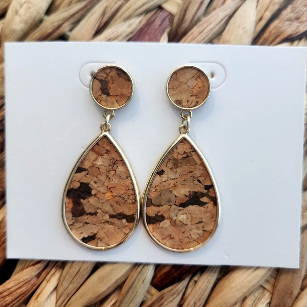 Cork And Gold Teardrop Earrings